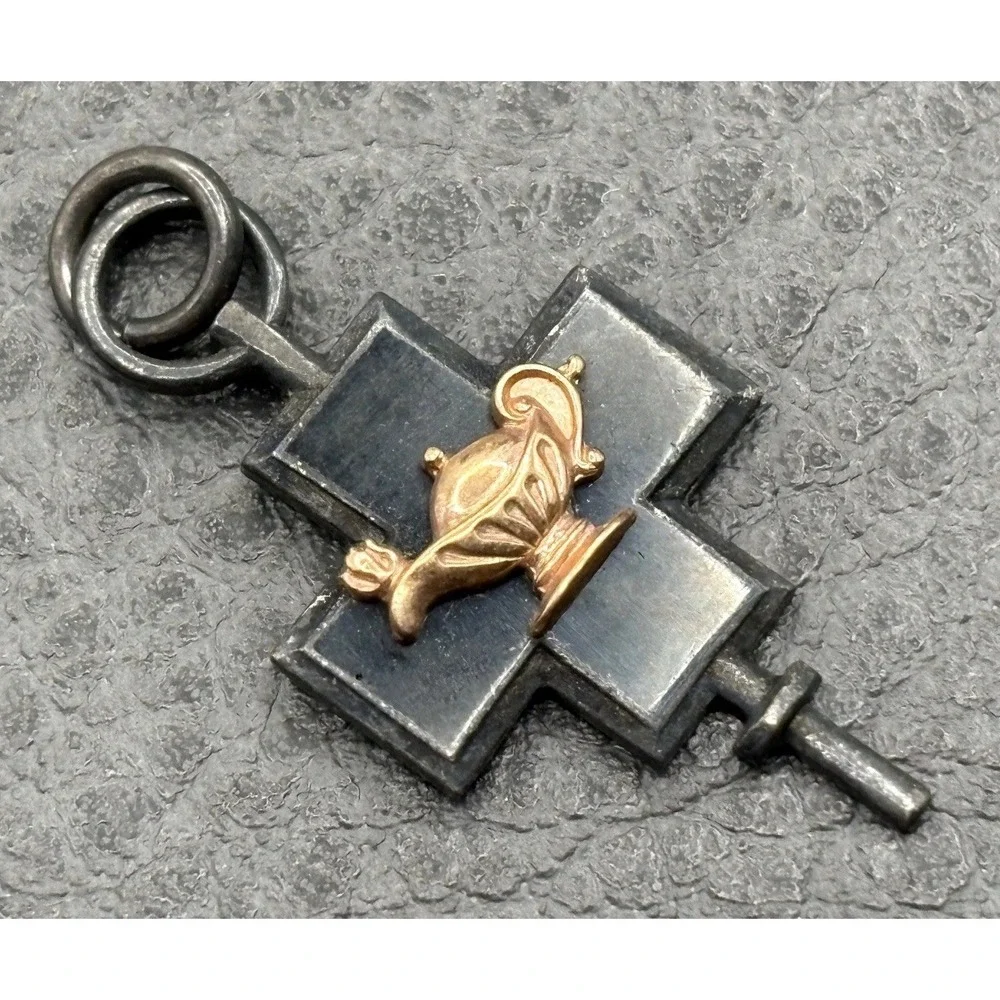 Vintage Sterling Silver Stone Inlay Cross Fob Charm with Applied Rose Gold Tone